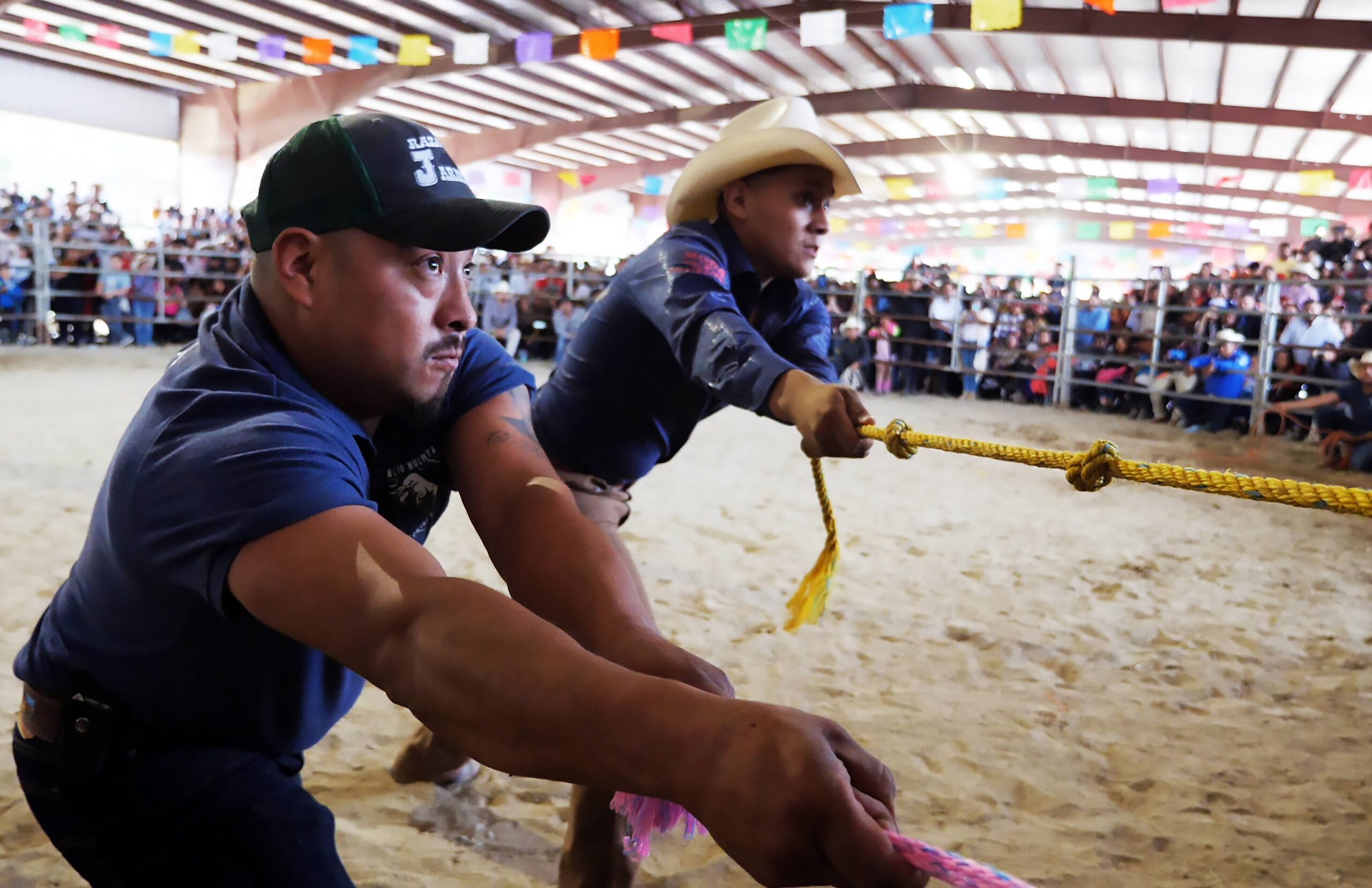 Tacho and Alan tug on two large ropes in the center of a sand-covered rodeo with determined looks on their faces as a blurred crowd looks on from behind a fence.